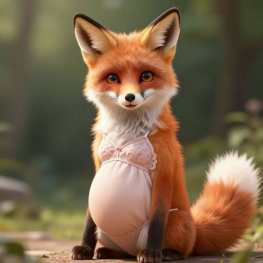 Digital artwork of a cute, anthropomorphic fox with orange fur and white chest, wearing a pink lace-trimmed babydoll dress, sitting in a