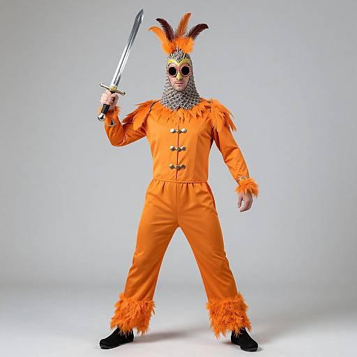 Photograph of a man in an orange, feathered, medieval-inspired costume holding a sword, standing against a plain white background.