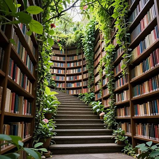 Photograph of a lush, green, vine-covered library with wooden bookshelves on both sides, ascending stone steps, bathed in natural light.