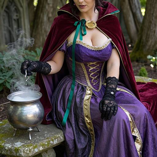 Photograph of a woman in a purple, gold-trimmed, low-cut dress with a red cape, black lace gloves, brewing a potion in