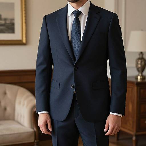 Photograph of a man in a dark navy suit with a white dress shirt and blue polka-dot tie, standing in a warmly lit, elegant room