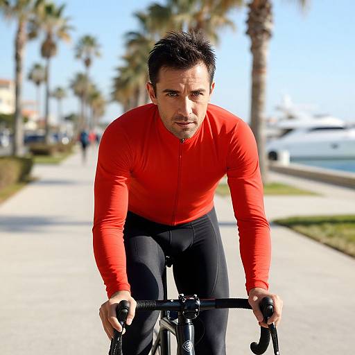 Photograph of a determined, middle-aged man with short dark hair, wearing a bright red long-sleeve shirt and black cycling pants, riding a