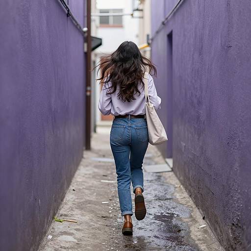 Woman Running Down a Vibrant Alley