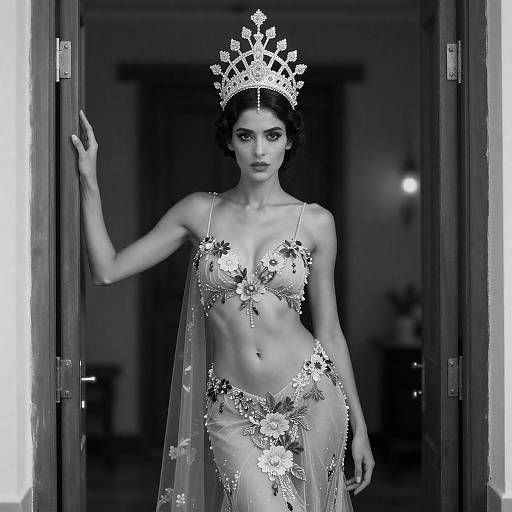 Ornate Headdress in Sheer Floral Gown