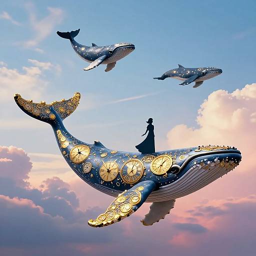 Digital artwork: Silhouetted figure on golden-circled, blue whale with starry patterns, soaring above sky with three smaller whales, pink