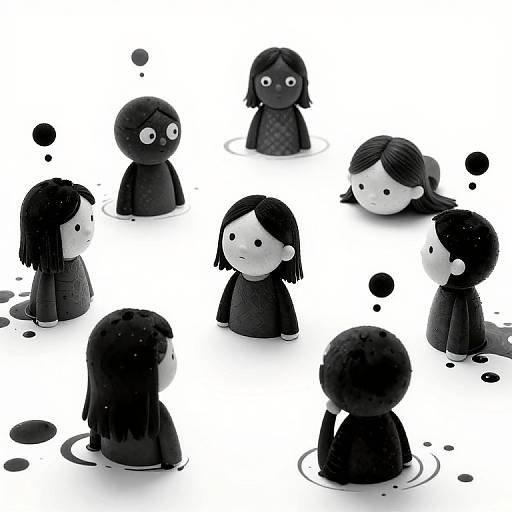 Digital illustration of nine black and white, faceless, child-like figures with round heads, standing in water, with floating black dots. Minimalist,