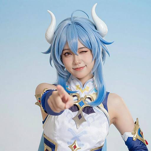 Smiling Person with Blue Hair and Horns