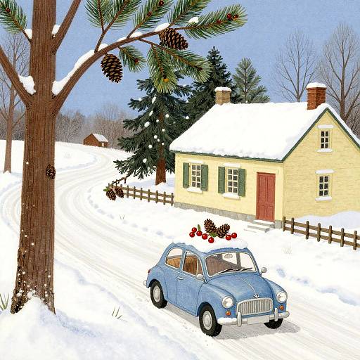 Illustration of a snowy countryside scene: blue vintage car in foreground, pine tree with pine cones, yellow brick house with red door, and snow-covered