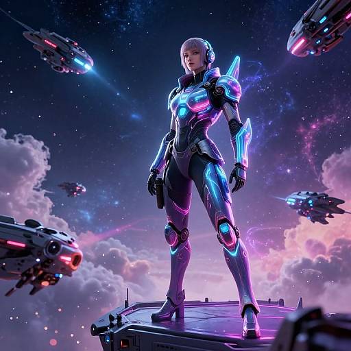 Digital artwork of a futuristic woman in neon-lit, armor-like suit, standing on a platform amidst a starry, cloudy sky with hovering spaceships