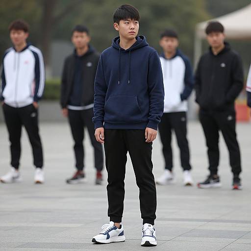 Photograph of a serious Asian man in a navy hoodie and black pants, standing in front of four blurred men in black and white track suits, on