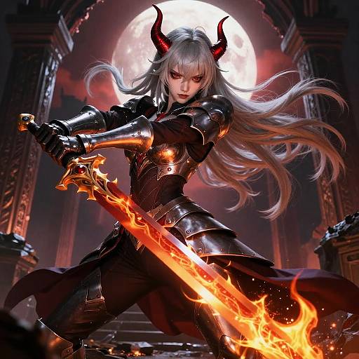 Digital artwork of a fierce, silver-haired demon warrior with red horns, in black armor, wielding a flaming sword, set against a full moon and go