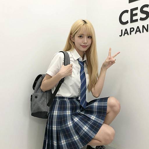 Asian Student Squatting with Peace Sign