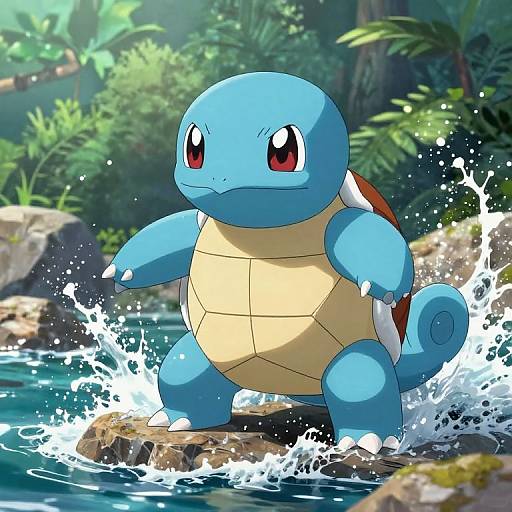 Digital illustration of a blue, turtle-like Pokémon, Squirtle, with a yellow belly, standing in a splashing forest stream. Bright sunlight filters