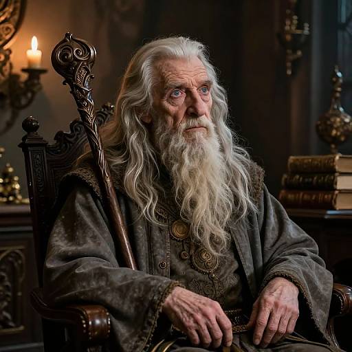 Photograph of an elderly white man with long white hair and beard, wearing a dark, ornate robe, seated on a carved wooden chair, dim