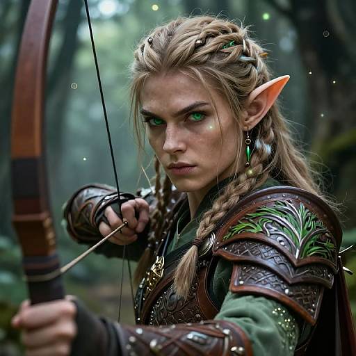Photorealistic digital artwork of a fierce, green-eyed, blonde elf archer with braided hair, pointed ears, and ornate armor, drawing