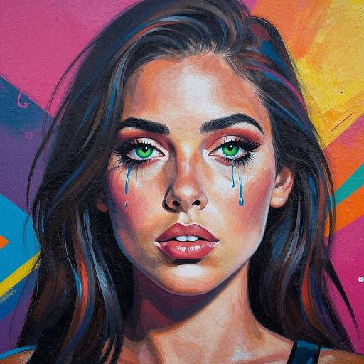 Digital portrait of a sorrowful woman with green eyes, teardrops on her cheeks, and vibrant, colorful background. Her dark hair frames her face