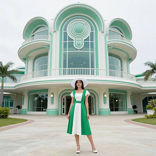 Photograph of a woman in a white and green dress, white hat, standing in front of a curved, arched, pastel green and white