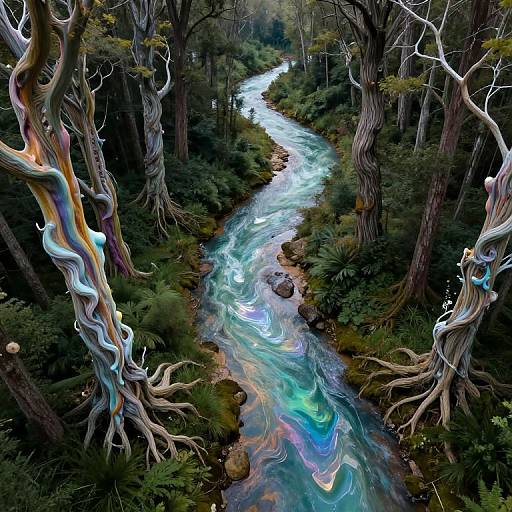 Digital artwork of a surreal forest with twisted, colorful trees framing a glowing, iridescent stream winding through lush greenery.