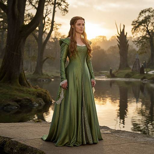 Photograph of a woman with long brown hair in a green, medieval-style gown standing by a reflective pond at sunset in a forested park.