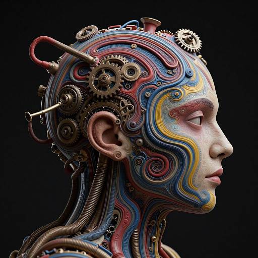 Digital artwork of a human head with colorful, swirling patterns, mechanical gears, and wires integrated into the scalp and neck, set against a black background.