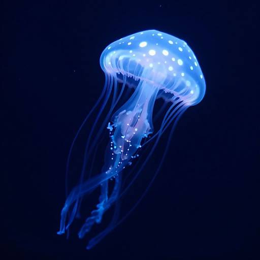 Photograph of a glowing blue jellyfish with translucent, bioluminescent spots, and flowing tentacles against a dark blue background.