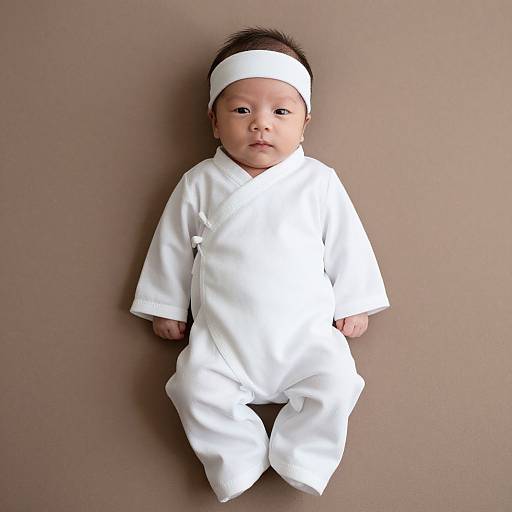 Photograph of a baby with light skin, dark hair, and brown eyes, wearing a white martial arts outfit and headband, standing against a plain