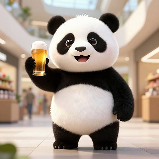 CGI cartoon panda with black and white fur, holding a frothy beer in a brightly lit grocery store aisle.