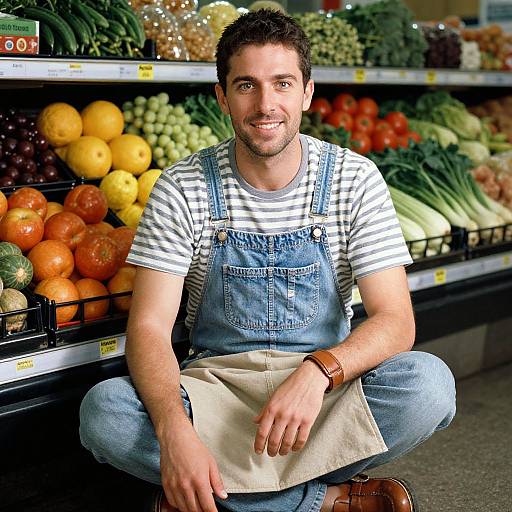 Photograph of a smiling, short-haired, bearded man in blue denim overalls and striped shirt, crouching in a colorful grocery store produce