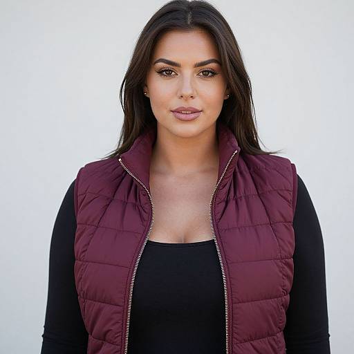Photograph of a dark-haired woman with olive skin, wearing a maroon puffy vest over a black top, against a white background.