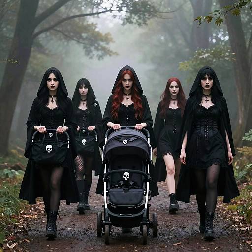 Photograph of five gothic women with long black hair, black lace dresses, fishnet stockings, and skull pendants, pushing a stroller through