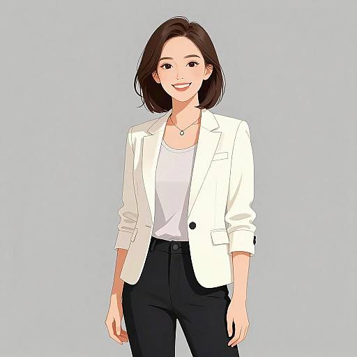 Digital anime-style drawing of a smiling woman with short brown hair, wearing a white blazer, white shirt, and black pants, against a light blue