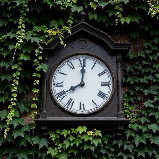 Vintage black clock with white face and black Roman numerals, surrounded by lush green ivy, mounted on a brick wall.