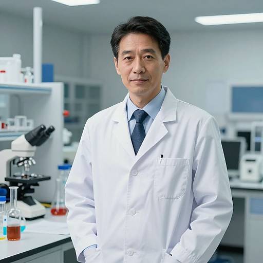 Photograph of an Asian male scientist with short black hair, wearing a white lab coat, blue shirt, and dark tie, standing in a brightly lit