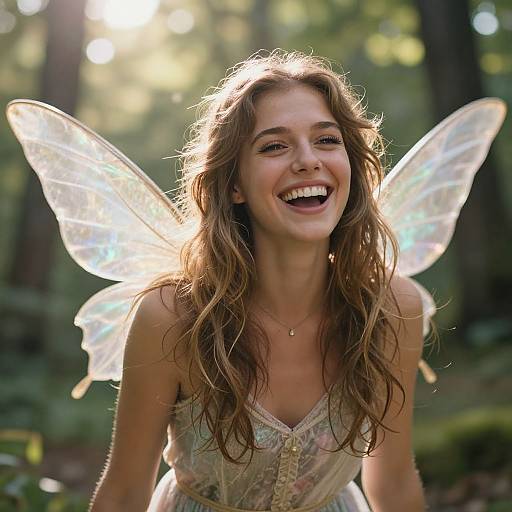 Photograph of a smiling young woman with long, wavy brown hair and translucent, iridescent fairy wings, wearing a floral lace dress, set