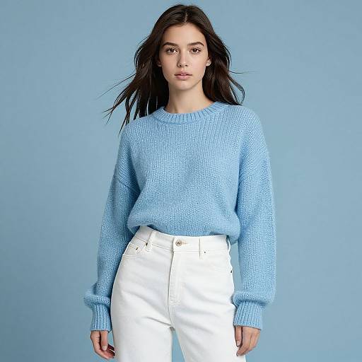 Confident Woman in Cozy Blue Sweater