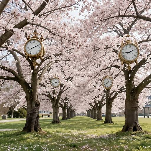 Photograph of a row of cherry blossom trees with five golden clocks, lining a sunlit grassy path, surrounded by pink blossoms.
