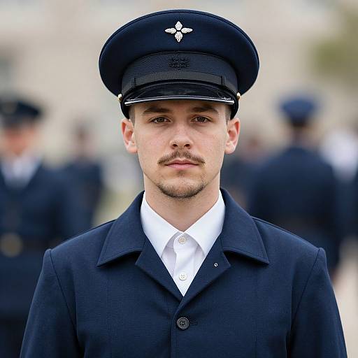 Photograph of a young, light-skinned man with a trimmed beard, wearing a black naval officer's uniform and cap, with a blurred outdoor background