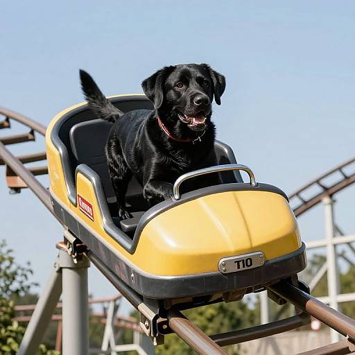 Photograph of a black Labrador retriever sitting happily on a yellow go-kart ride at an amusement park, clear blue sky background.