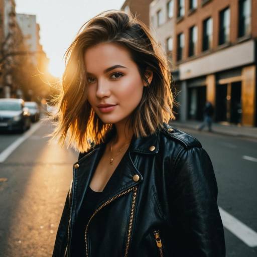 Woman with Lowlights Hairstyle in Leather Jacket
