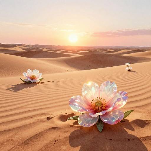 Photograph of three white cherry blossoms with pink highlights, blooming on golden sand dunes under a bright, setting sun.