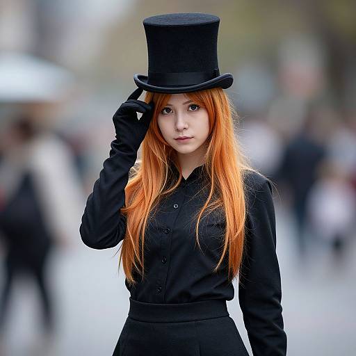 Photograph of a young Asian woman with long orange hair, wearing a black top hat, black blouse, and gloves, standing in a blurred urban street