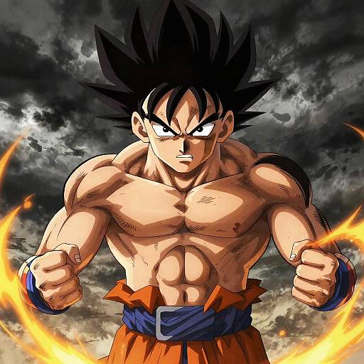 Digital art of muscular, shirtless Goku with spiky black hair, intense expression, glowing fists, orange pants, and dark stormy sky background.