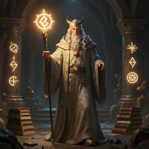 Digital illustration of a wise, white-bearded wizard with horns, holding a glowing staff, standing in a dimly lit, ancient library. Illuminated