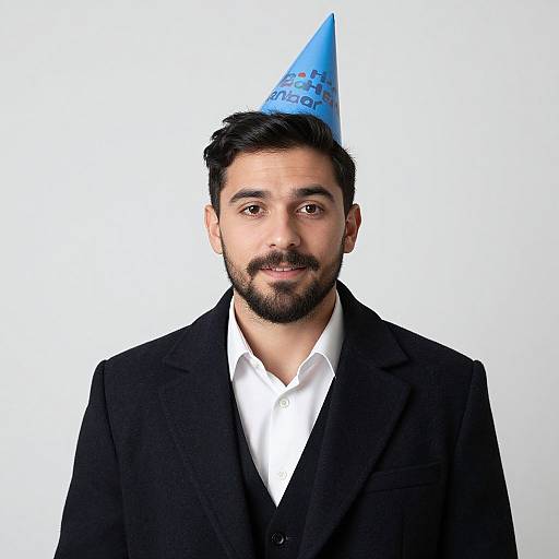 Photograph of a bearded man with dark hair, wearing a black suit, white shirt, and blue party hat, against a plain white background.