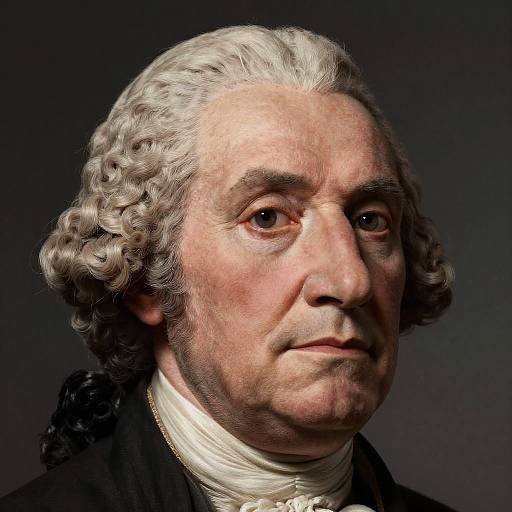 Photorealistic portrait of Benjamin Franklin with white, curly hair, serious expression, wearing a white shirt and black coat against a dark background.
