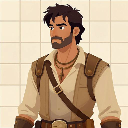 Digital illustration of a muscular, bearded man with dark hair, wearing a white shirt, brown vest, and leather straps, set against a grid background