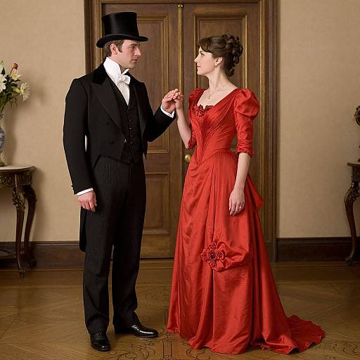 Photograph of a man in black Victorian suit and top hat, holding hands with a woman in red ball gown, standing in elegant, wooden-paneled