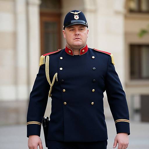 Photograph of a stern, Caucasian man in a black military uniform with gold epaulettes, red collar, and black cap, standing in front
