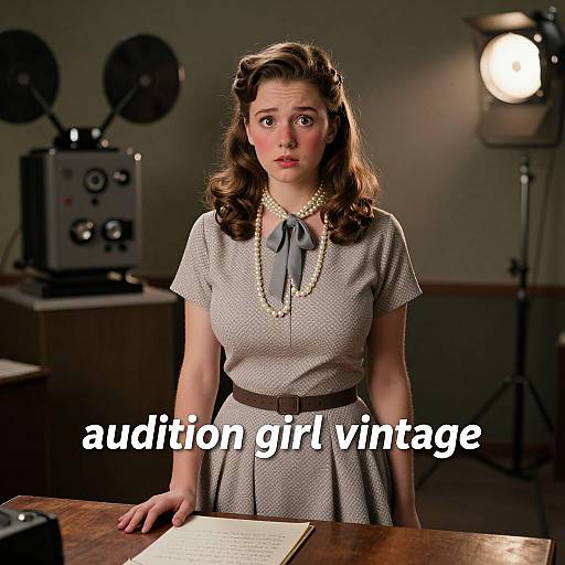 Vintage photograph of a 1950s-style woman in a gray dress and pearl necklace, standing in a dimly lit studio, with 