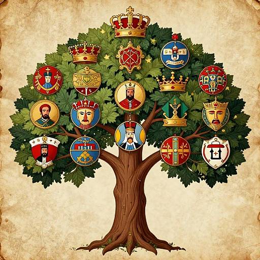 Illustration of a leafy tree with 12 colorful, crowned shields featuring diverse male figures, set on a textured beige parchment background.
